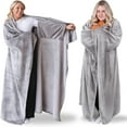 thumbnail image 2 of Soft Flannel Wearable Blanket with Hood & Pockets for Women & Men - Plush Oversized Shawl for Sofa, Bed, Travel - Machine Washable, One Size Fits All, Grey/Black/White, 2 of 7
