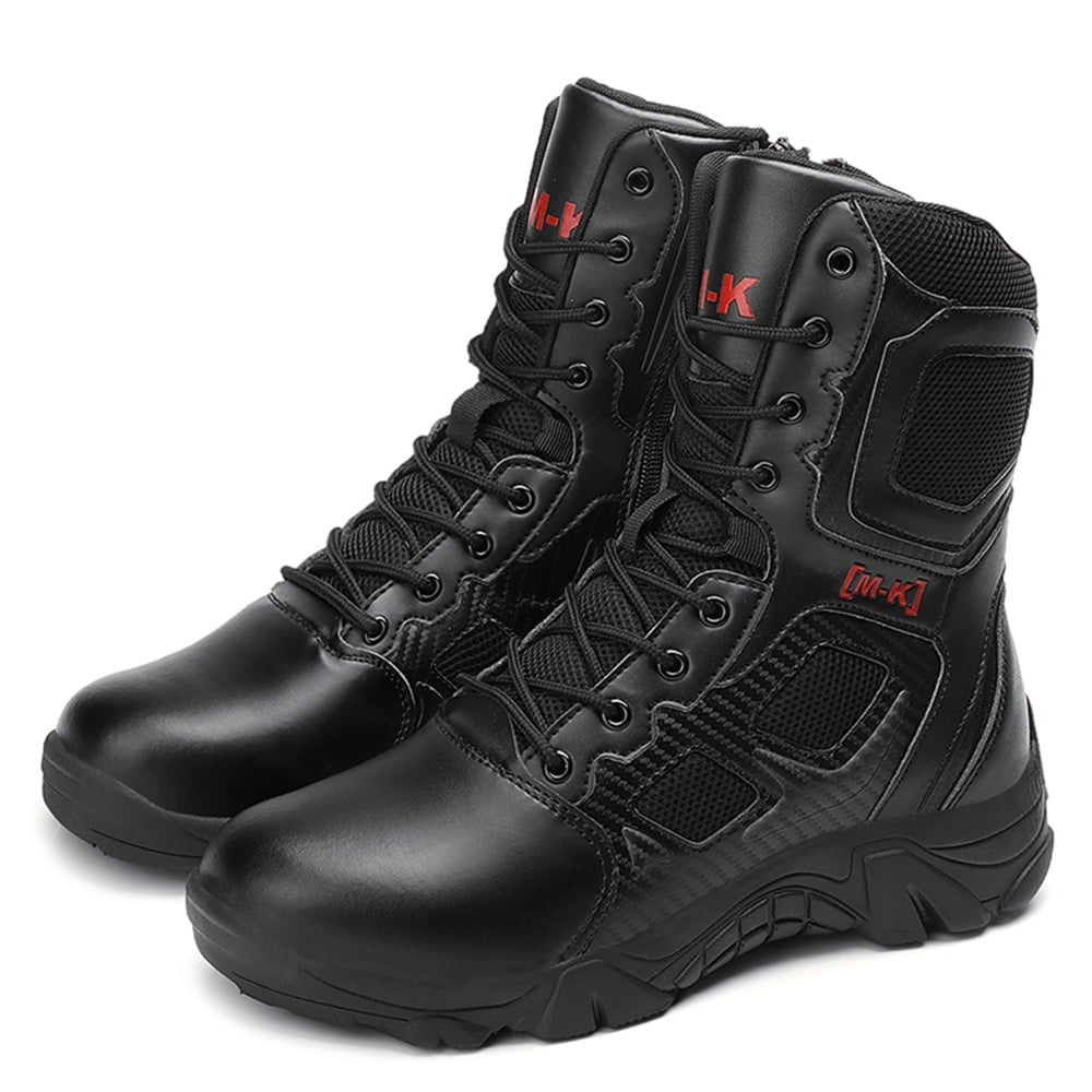 Lopsie Mens Tactical Boots Woodland Non-Slip Boots Combat Military Work Desert Leather Boots with Zipper, Adult Unisex, Size: US 11.5, Black