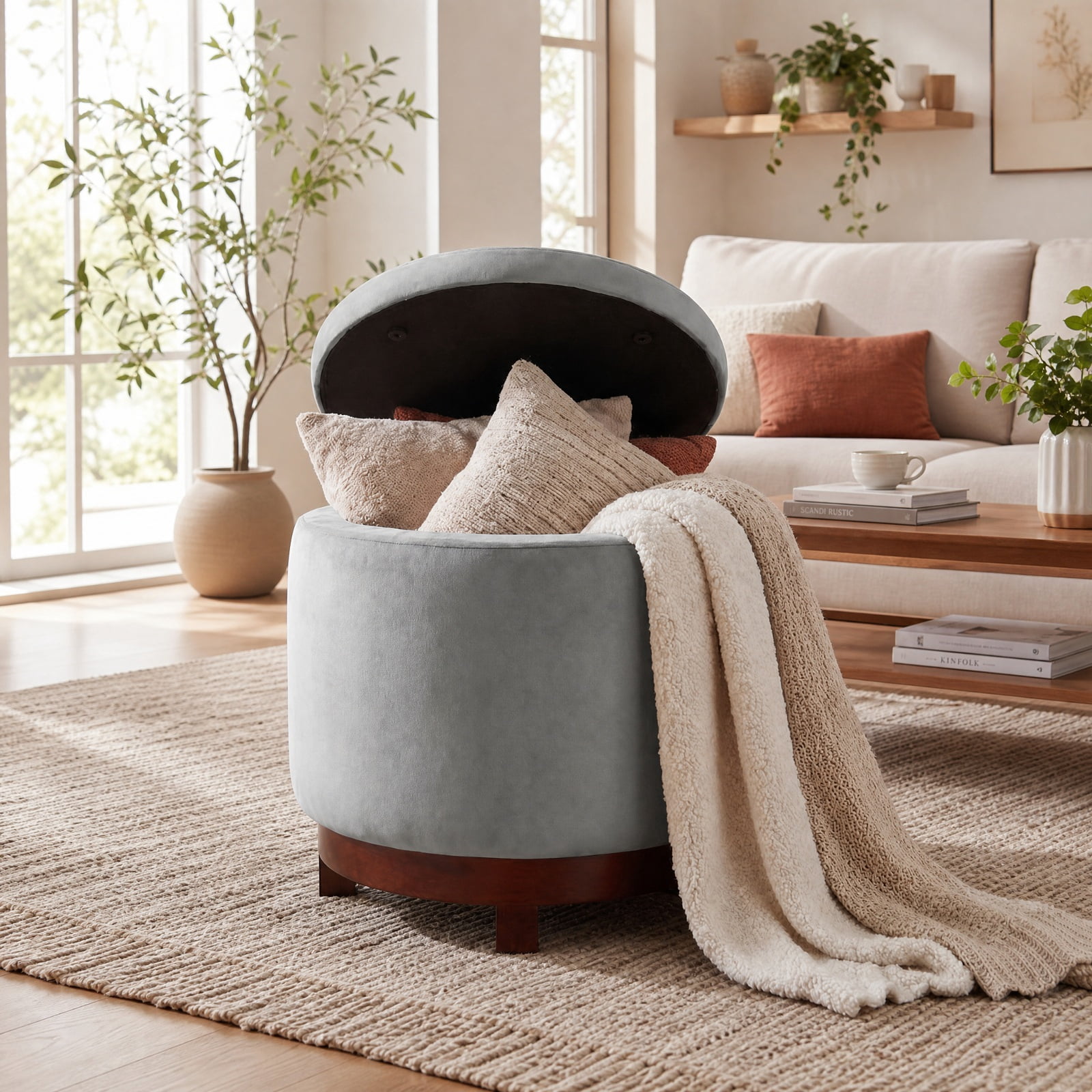 Furnibear 360 Degree Swivel Velvet Foot Rest Storage Ottoman with Hidden Compartment and Solid Acacia Wood Frame for Living Room and Bedroom, Gray