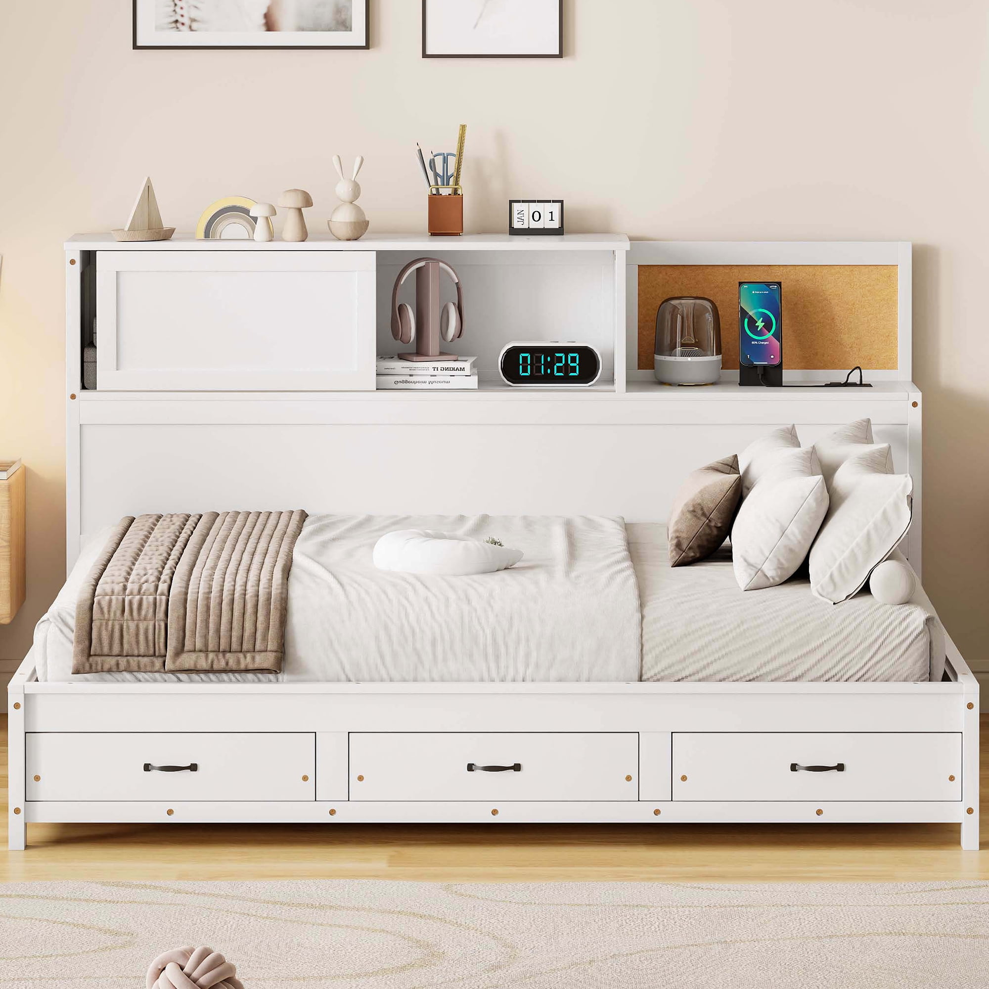 Sailvan Twin Size Wooden Daybed with 3 Storage Drawers, Upper Soft Board, Shelf, Set of Sockets