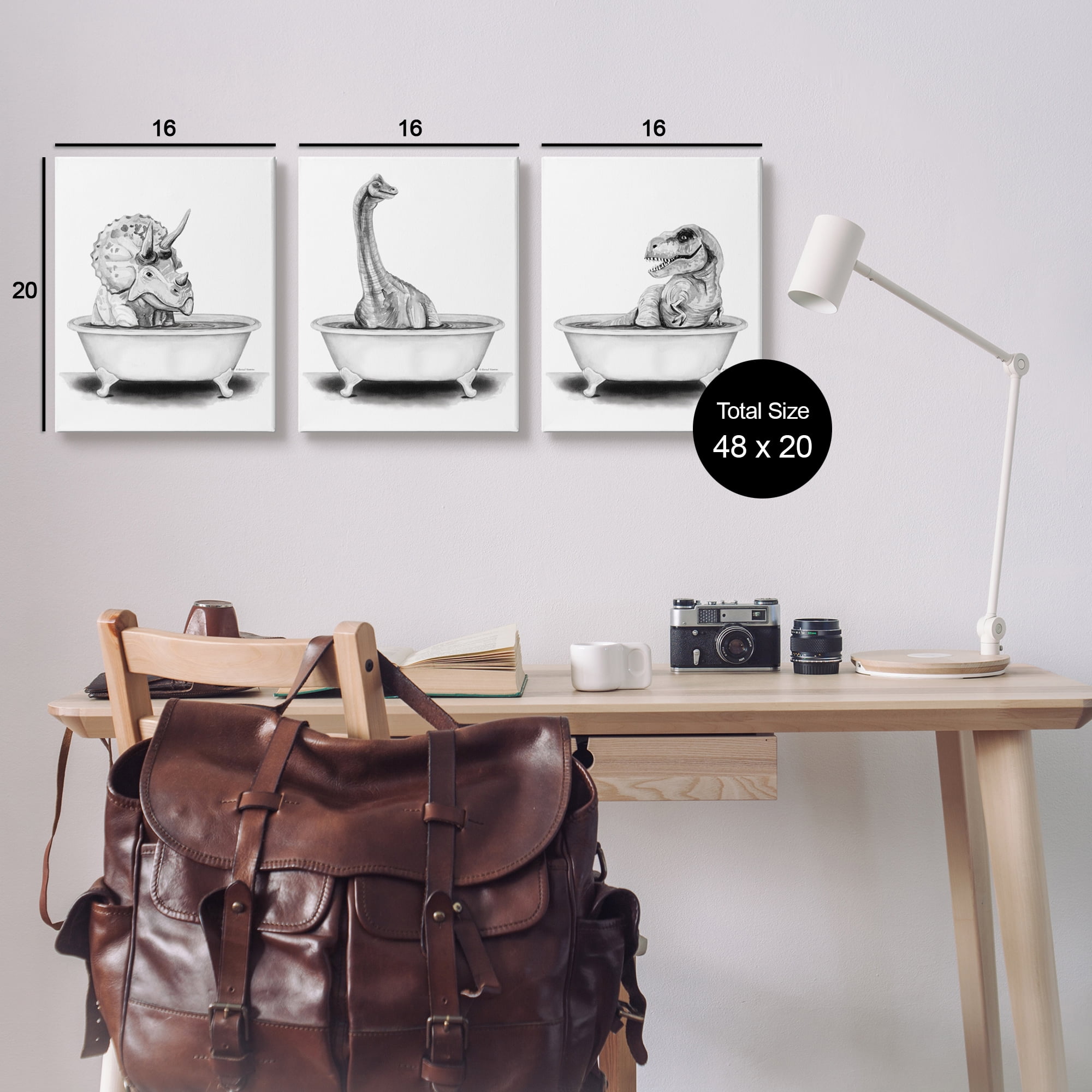 Stupell Dinosaurs Bathing Bathroom Tub Animals & Insects Painting Gallery Wrapped Canvas Print Wall Art, Set of 3