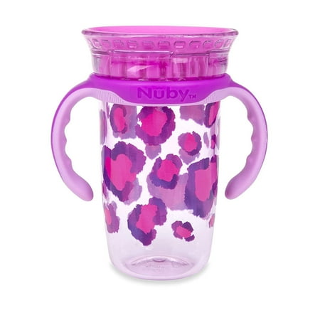 Luv N Care/NUBY Nuby 360 Edge 2 Stage Drinking Rim Cup with Removable Handles & hygienic Cover: 10 Oz/ 300 Ml, 12M+, Leopard, Purple 80810