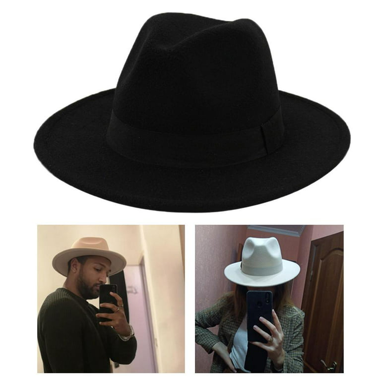 Men's Fashion Flat Part Fedora Hat, Breathable Ribbon, Belt, Wide Brim,  Felt, British Winter Black 