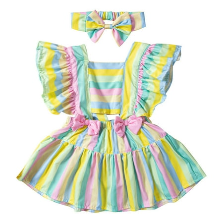 

WIQUOKETT Toddler Girls Ruched Striped Print Bow Casual Romper Bodysuit Dress Casual Clothes 24M