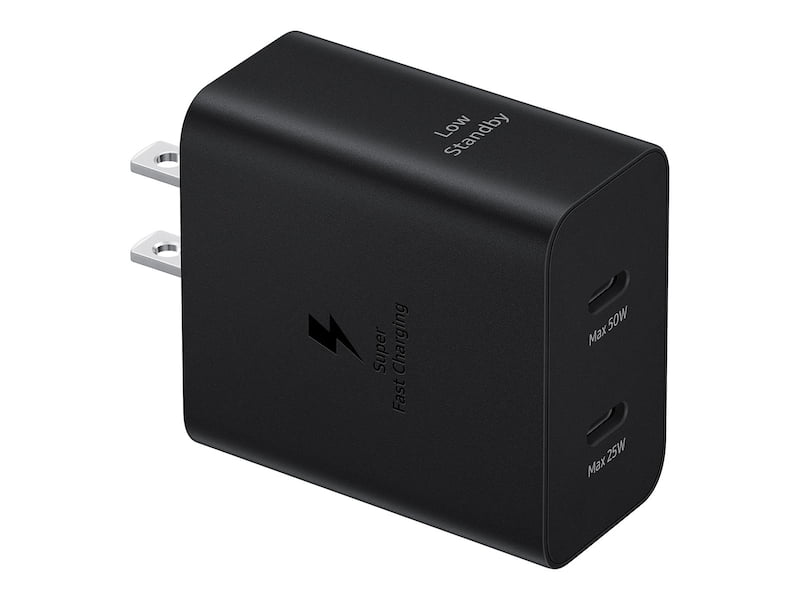 SAMSUNG 50W Duo Power Adapter Wall Charger, 2 Ports, Cable Included, Super Fast Charging 2.0 for Galaxy Phones, Tablets, USB Type C Devices, Low Standby Power Consumption, EP-T5020XBEGCA, Black