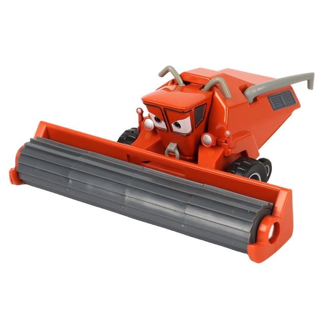 disney pixar cars 2 3 deluxe frank tractor bulldozer modelo de metal coche 1:55 vehículo de fundición a presión juguete para niños niño vista 3/4 frontal de vehículo rojo anaranjado a escala 1:55 con cara de personaje impresa, estructura de aleación y detalles en PVC, ruedas negras y rodillo delantero gris sobre fondo blanco; a menudo usado como pieza de colección o exhibición.