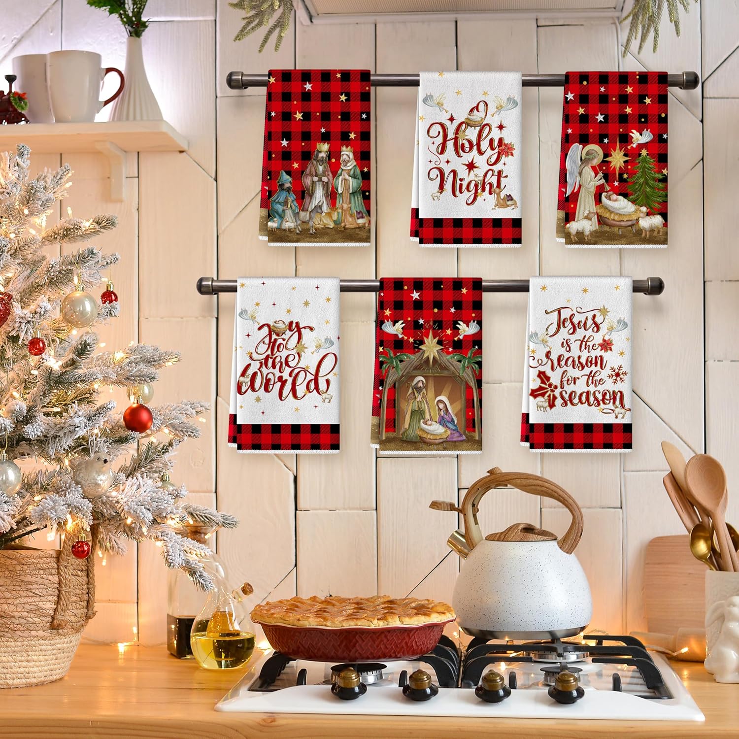 luyaa Christmas Kitchen Dish Towels 18 x 26 Inch Nativity Scene Hand Towels Jesus Holy Night Tea Towels Winter Holiday Christmas Kitchen Decor Absorbent Drying Cloth for Cooking Set of 6