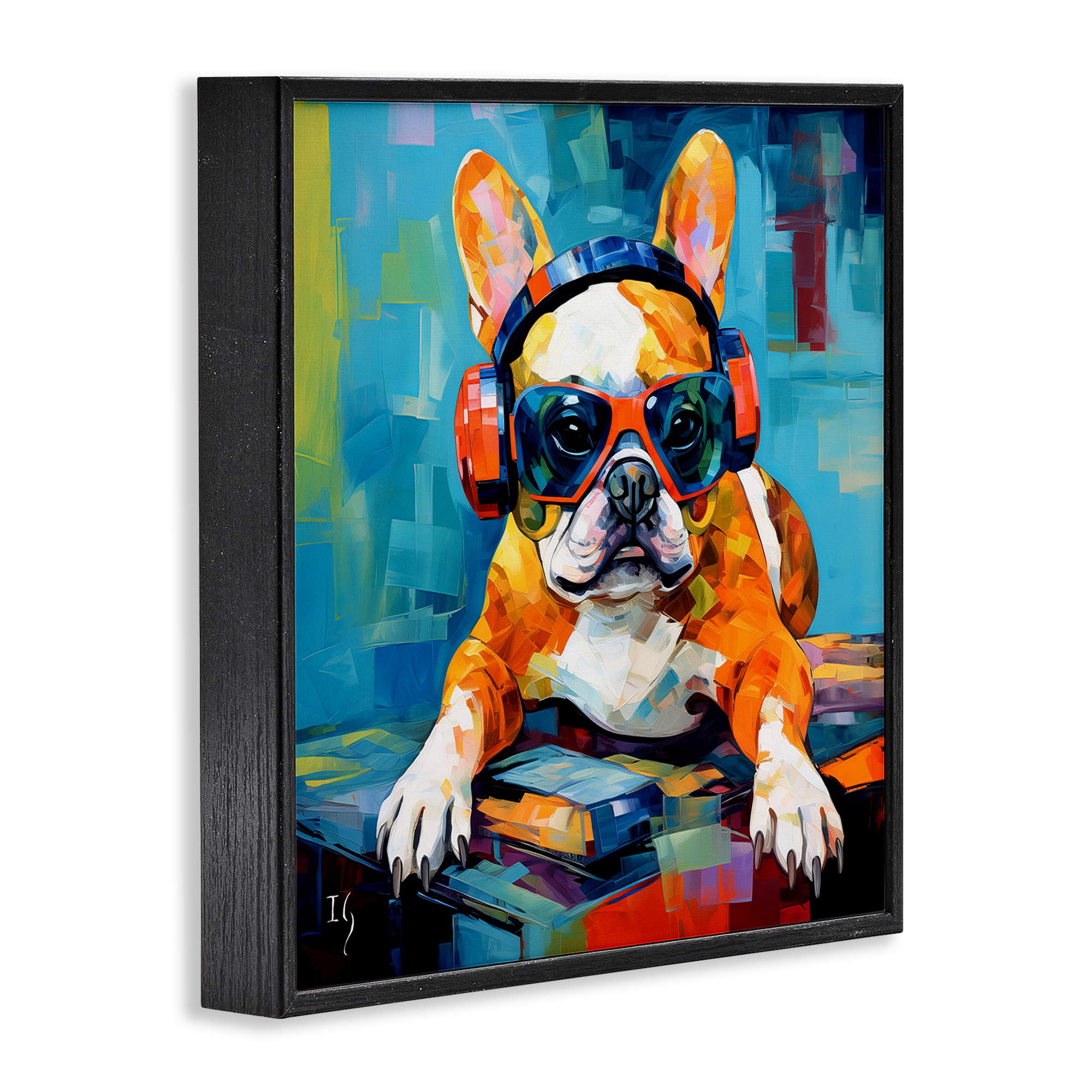 Stupell Industries French Bulldog with Headphones Animals & Insects Painting Black Framed Art Print Wall Art, 12 x 12
