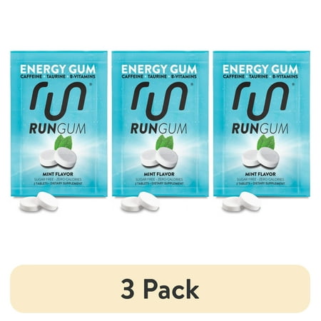 (3 pack) Run Gum Mint Energy Gum 50mg Caffeine Taurine & B-Vitamins per Piece, 2 Pieces