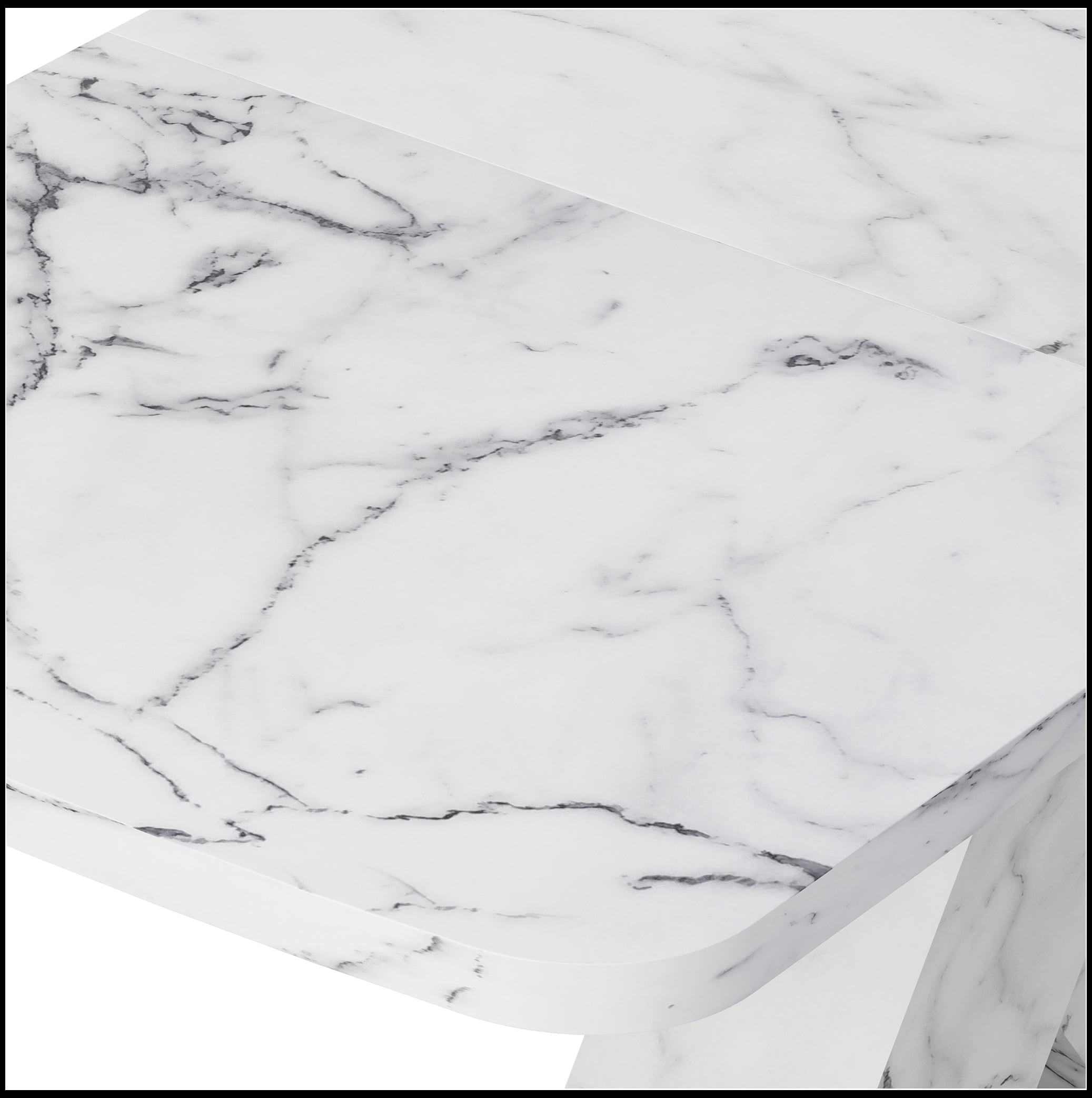 Modern Square Dining Table, Stretchable, with Printed White Marble Table Top+MDF X-Shape Table Leg with Metal Base