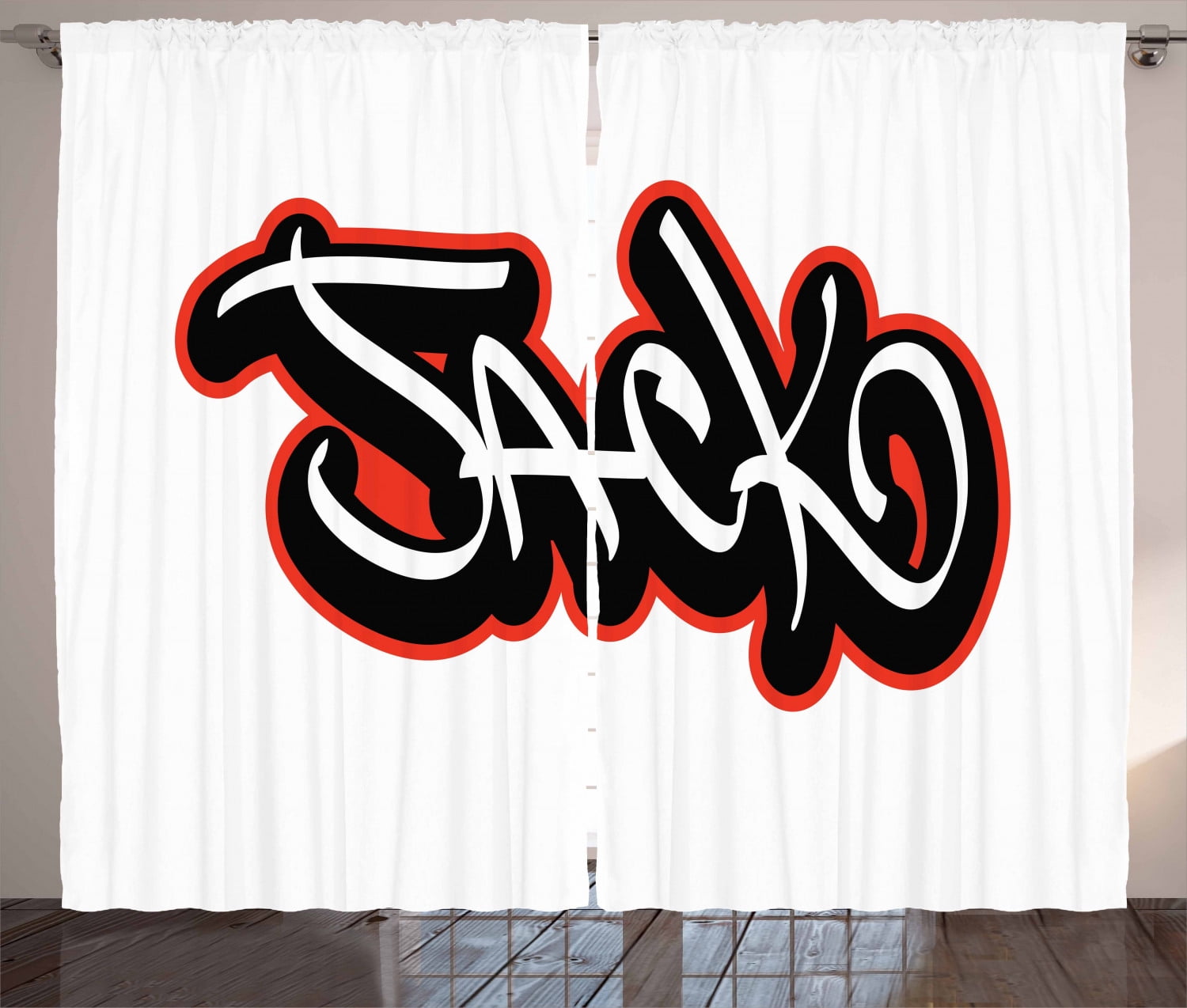 Jack Curtains 2 Panels Set, Graffiti Font Style Male Name Hiphop Design Urban Modern Typography