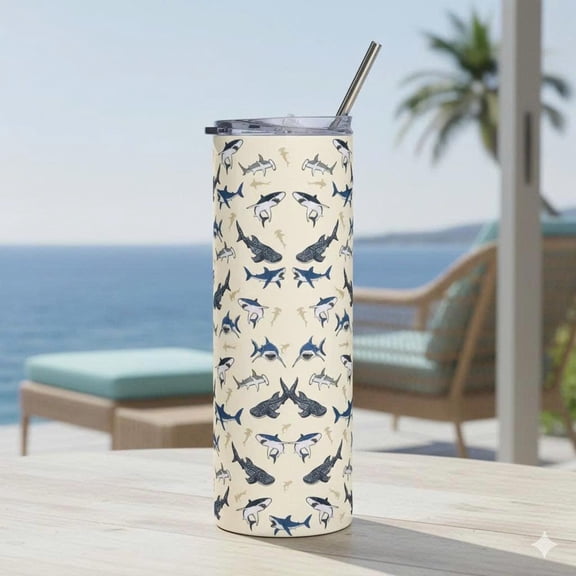 [NO STRAW] Shark Pattern Tumbler 20oz, Ocean Skinny Cup with Straw, Marine Life Travel Mug, Beach Lover Insulated Tumbler