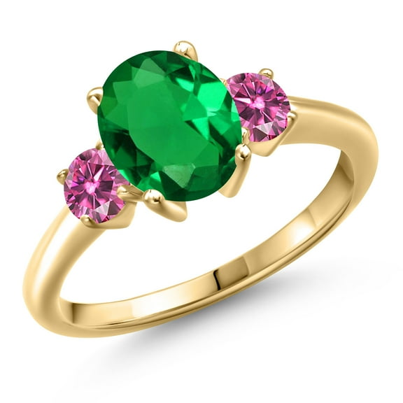 Gem Stone King 10K Yellow Gold Green Nano Emerald and Pink Moissanite Engagement Ring for Women | 1.96 Cttw | Oval 9X7MM | Gemstone May Birthstone | Size 5