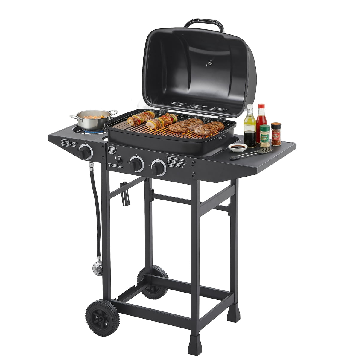 Stainless Steel BBQ Grill with Side Burner – 2 Burner Propane 24000 BTU, Side Tables for Patio/Backyard