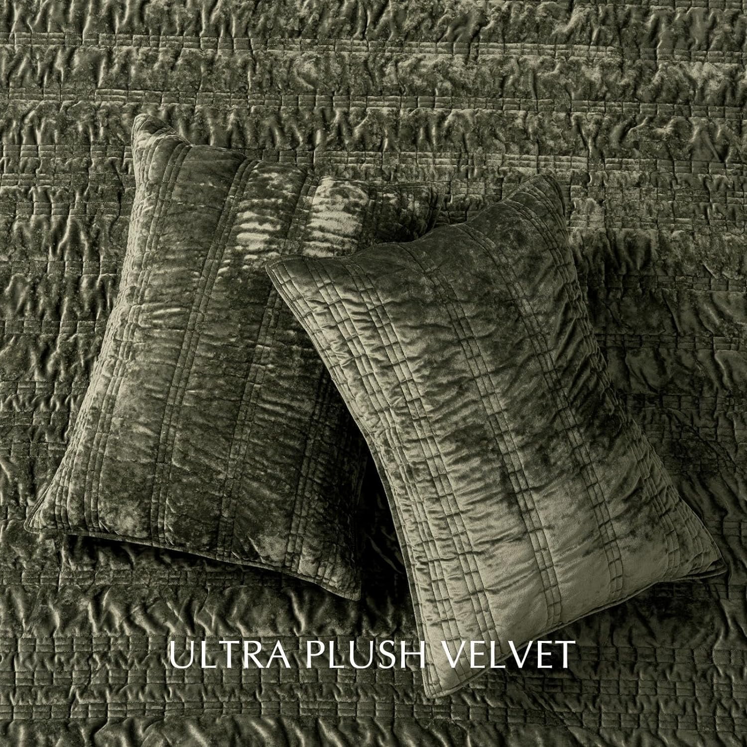 EVERGRACE Luxury Ruched Velvet Quilt King Size, Ultra Soft Bedspread Coverlet Set, Lightweight Velvet Comforter, Quilted Bedding Cover with 2 Matching Shams for All Season, Olive Green
