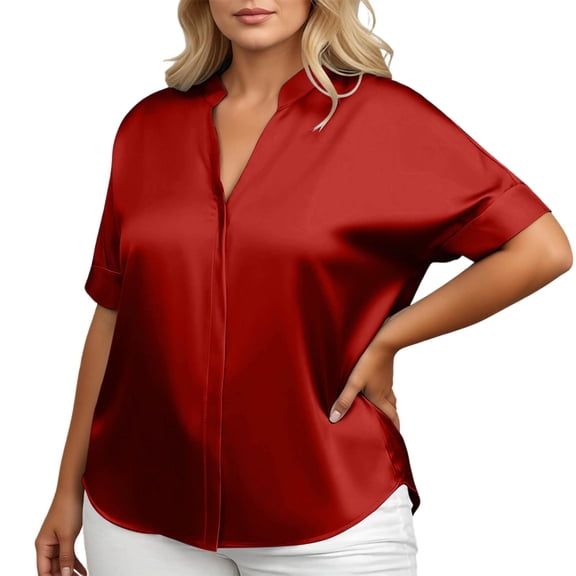 EYNMVR Plus Size Womens Satin Blouse Short Sleeve Silk Tops Button Down Shirts Business Casual Outfits