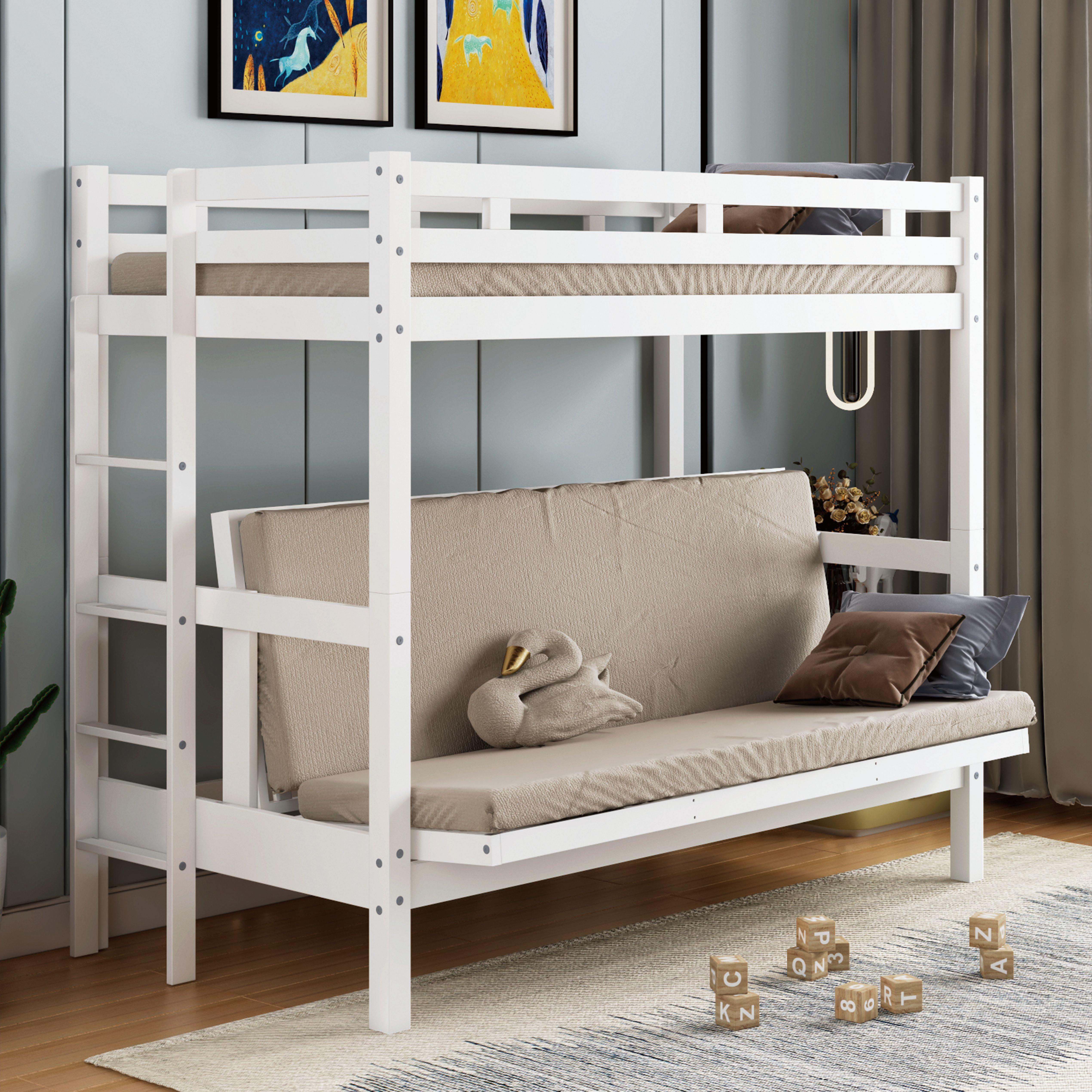 Twin over Full Bunk Bed,Down Bed can be Converted into Daybed,White