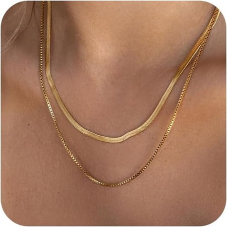 Herringbone Necklace For Women Dainty Gold Necklace 14K Gold Plated Snake Gold Chain Choker Necklaces Simple Gold Layered Necklaces Gold Jewelry Gift For Women[o22]