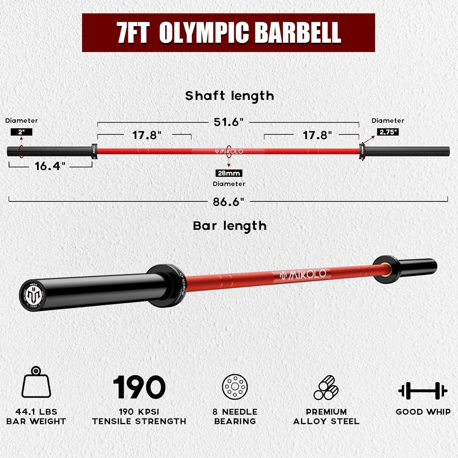 Tuekys 7.2FT Barbell for Weightlifting and Powerlifting 45lb, Bar for 1500lbs Capacity, Weight Bar Fit 2" Standard Weights