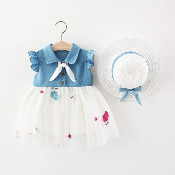Baby Girls 6M-3Y Fly Sleeve Denim Patchwork Star Rainbow Dress Hat Set Christmas Girls Dresses Size 10-12 Christmas Girls Dresses 5T Fall Christmas Girls Dresses Size 14-16 formal Christmas Little