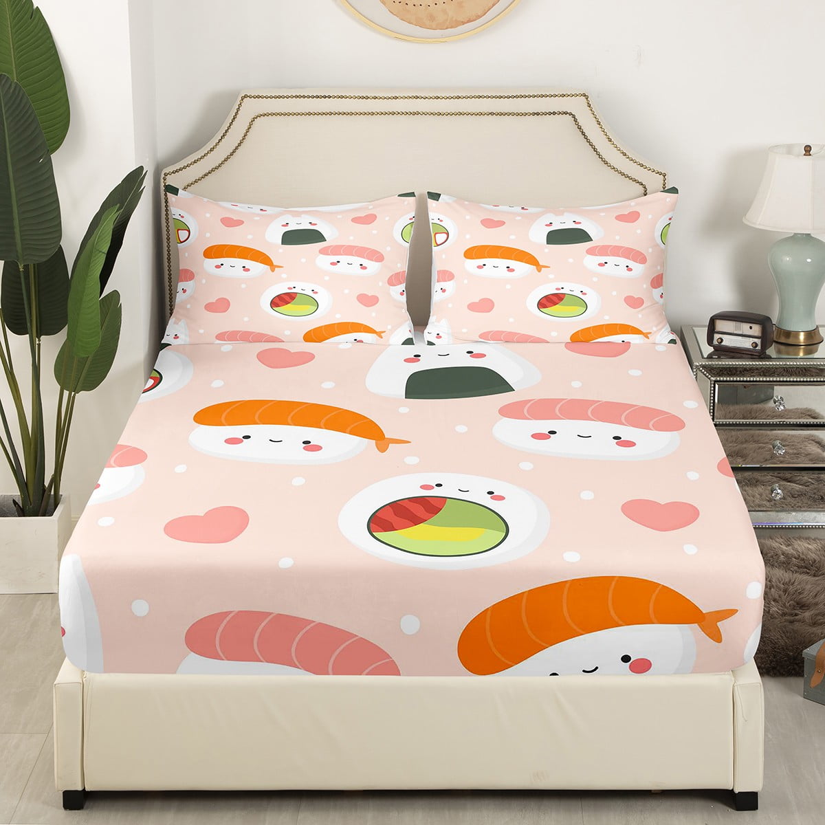 Japanese Style Bed Sheets Sushi Pattern Fitted Sheet Twin Size for