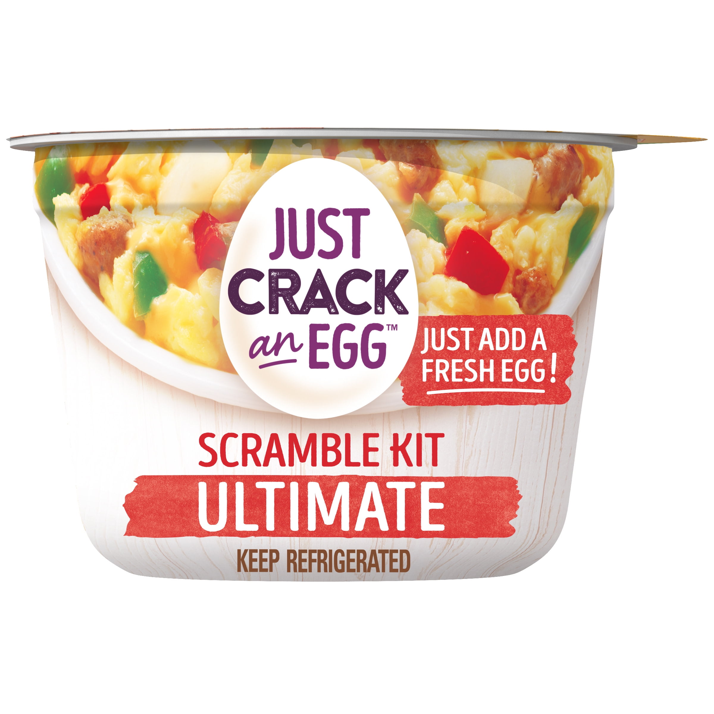 Just Crack an Egg Ultimate Scramble Breakfast Bowl Kit with Pork Sausage, Mild Cheddar Cheese, Potatoes, Onions, and Green and Red Peppers, 3 oz. Cup