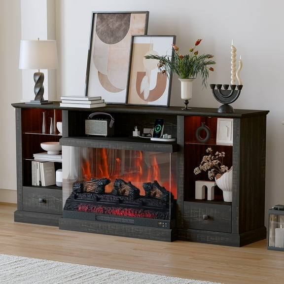 Redayfur 70" Electric Fireplace TV Stand for TVs Up To 70'', Farmhouse Entertainment ,With Storage Cabinet LED and Charging Station,Dark Rustic Oak
