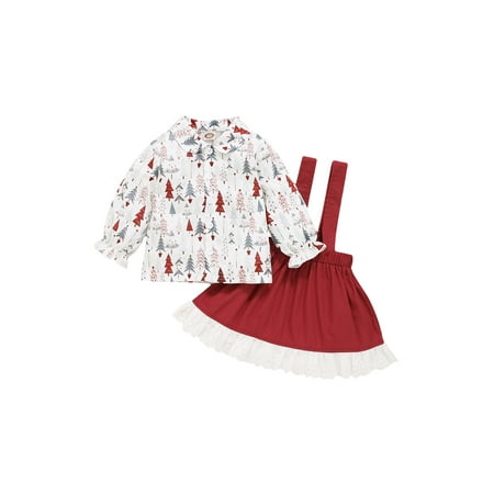 

Calsunbaby 2PCS Toddler Infant Baby Girl Christmas Skirt Suit Fresh Leaves Print Long Sleeve Shirt and Flounce Suspender Skirt