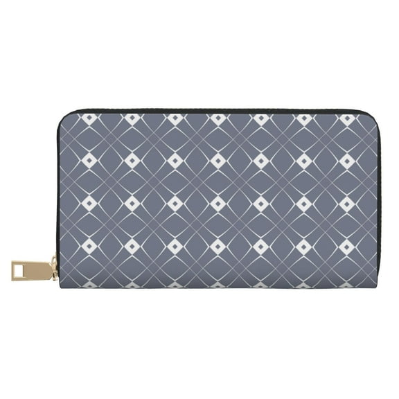 Leather Thin Slim Wallets for Women Men - Gray White Geometric Pattern Clutch Card Wallet for Women Men with Zipper