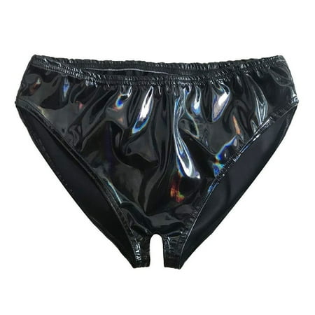 

ALSLIAO Women Faux Leather Crotchless G String Panties Shiny Wet Look Briefs Underwear Black 1# L