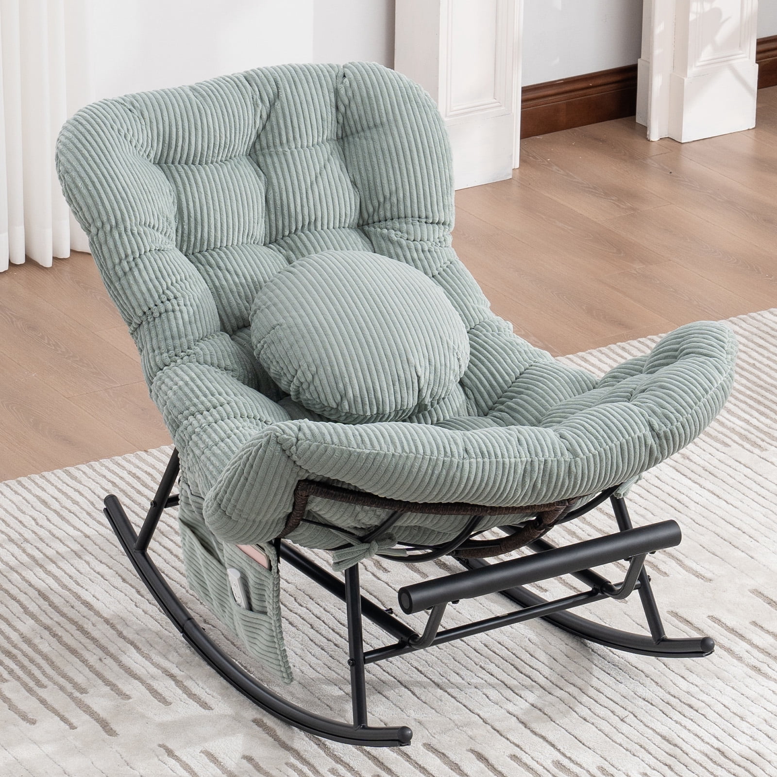 MOONMISS Outdoor Rocking Chair with Footrest, Indoor Oversized Comfort Reading Chair Cover with Cushion, Patio Rocking Chair Lounger, Mint Green