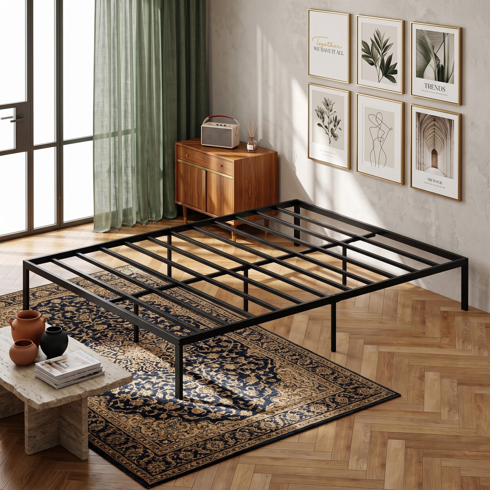 Furnibear Queen Size Metal Bed Frame with Heavy Duty Slat Support and Extra Center Legs, Platform Bed Frame No Box Spring, Black