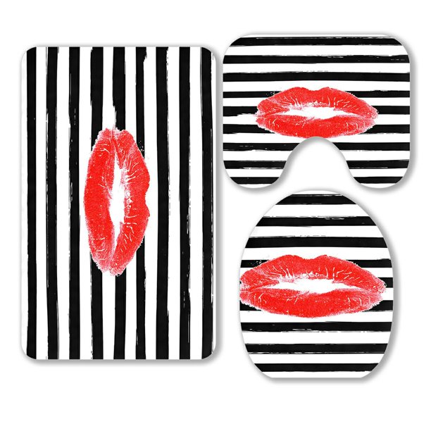 Abphqto Fashion Red Lips Print Of Woman With Black Line Striped 3 Piece Bathroom Rugs Set Bath Rug Contour Mat And Toilet Lid Cover Walmart Com Walmart Com