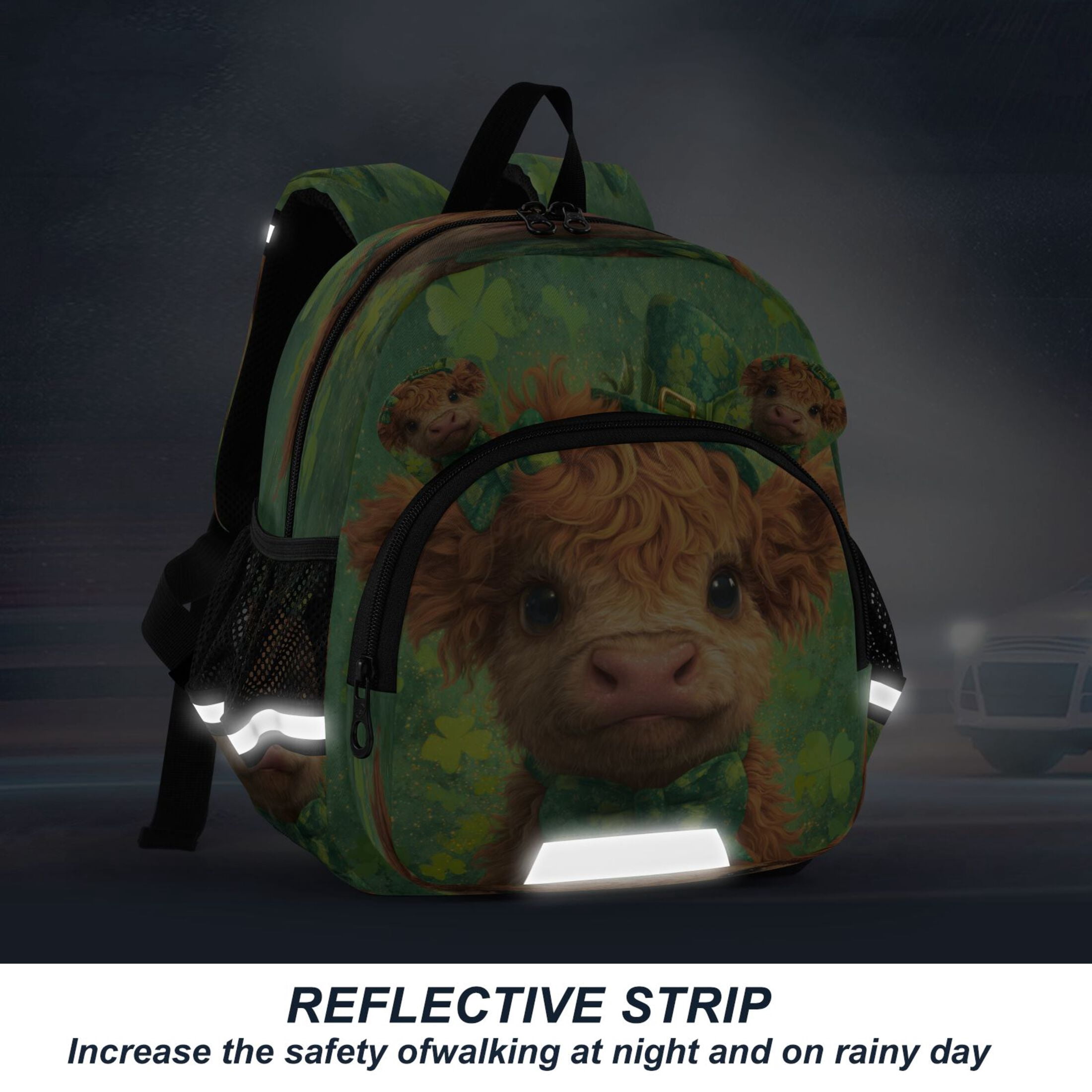 RMDQTR Adorable Ear-Print Backpack with Reflective Strip and Anti-Lost Leash Adjustable Shoulder Straps Mini Travel Backpack Shamrock Highland Cow