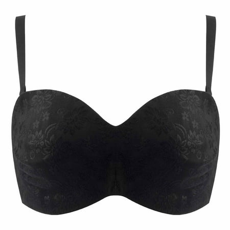 Virmaxy Women s Oversized Ultra-thin Model Everyday Bra Removable Straps Plunge Type Jacquard Bra Underwear Daily Bra with Steel Ring Black 85F