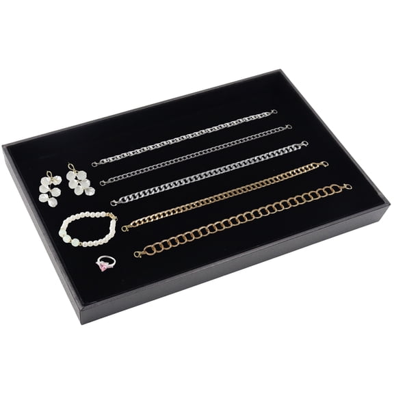 Stackable Square Velvet Jewelry Organizer, 13.7 x 9.4 Inch Large Exquisite Jewelry Tray, Multipurpose Wooden Ring Storage Box for Earrings Bracelets Necklace Girls Wives Mothers, Black