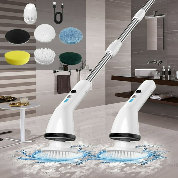 Electric Spin Scrubber,Full-Body IPX7 Waterproof Bathroom Cleaner Brush, Shower Scrubber with Long Handle & 2 Speed, Heads Replacement, Cleaning Supplies for Tub Shower Tile Floor