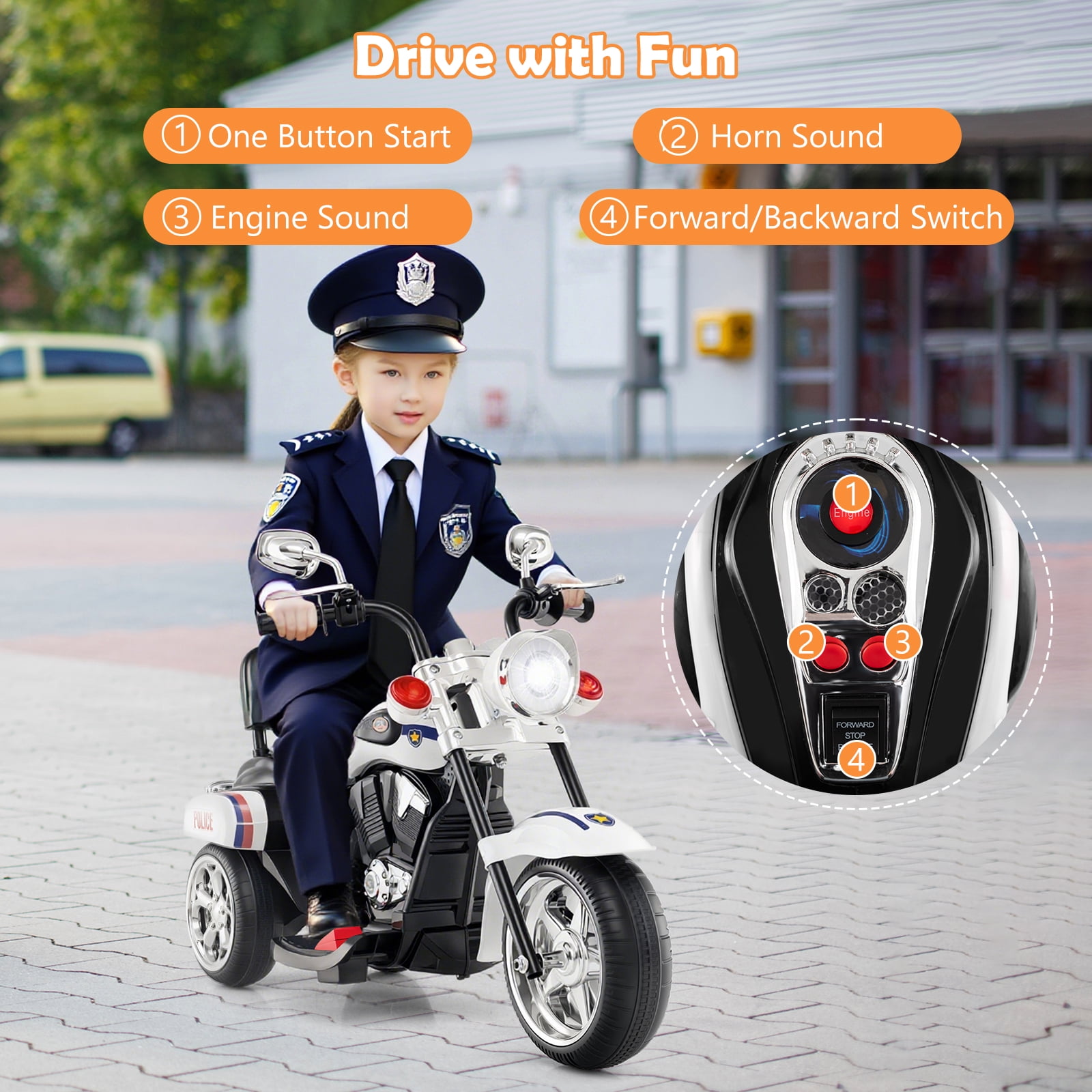 Costway 3 Wheel Kids Ride On Motorcycle 6V Battery Powered Electric Toy Police
