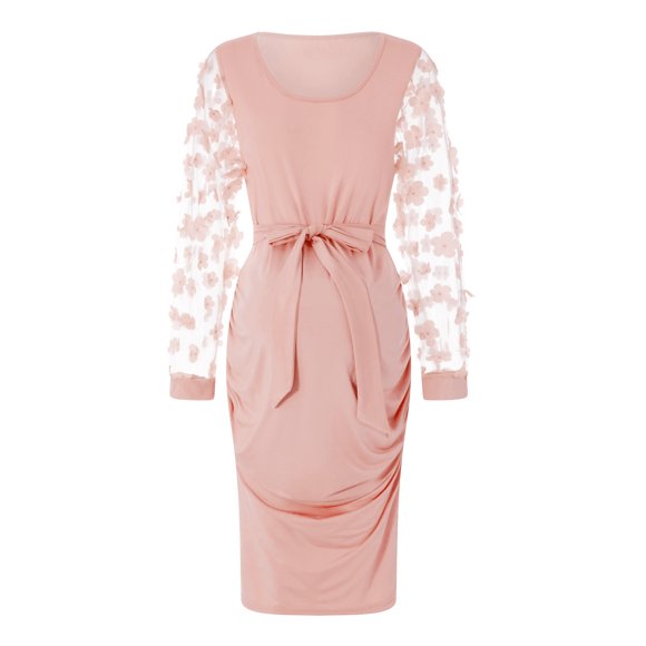 ZAXARRA Robe de Maternité pour Femmes, Robe Midi à Manches Longues à Col Rond avec Fleurs et Ceinture à la Taille, Robe de Grossesse