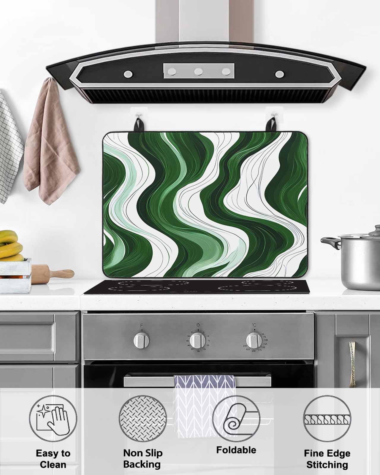 nqOlkjepod Large Induction Cooktop Protector Mat 24"x21", Green Stripe Stove Top Covers for Electric Stove, Geometric White Wave Modern Ocean Stove Burner Cover Mats, Glass Top Stove Cover