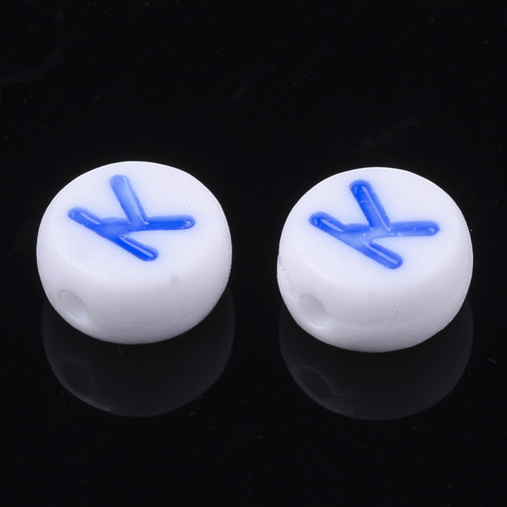 Initial Acrylic Beads Horizontal Hole Flat Round Mixed color Letter.K 7x3.5~4mm Hole: 1.2mm about 3700pcs/500g
