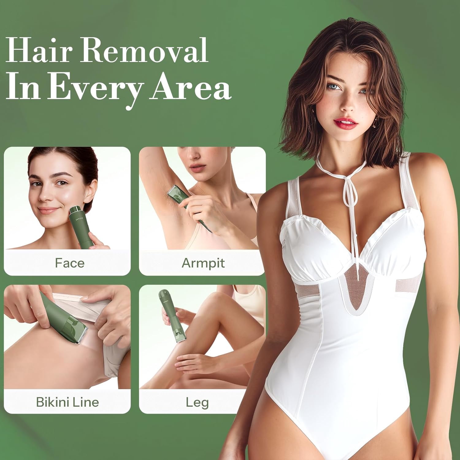 Bikini Trimmer for Women, 2 in 1 Electric Shaver for Women, Pubic Hair Trimmer Waterproof IPX7 with LED, Bikini Razor for Leg Arm Underarm Bikini Area, Christmas Gifts for Her - Dark Green