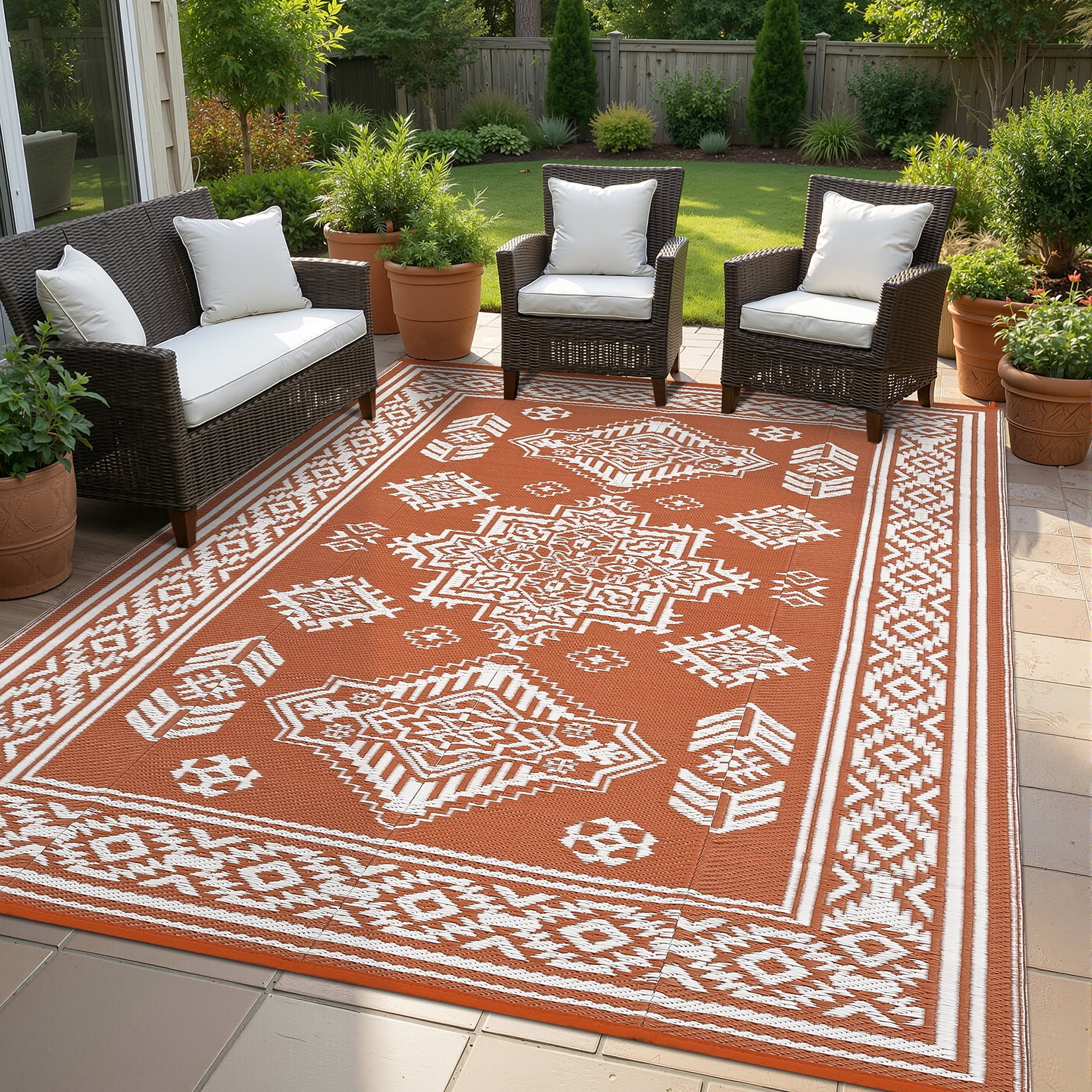 Nanan 9'x18' Indoor Outdoor Rug Boho Waterproof Plastic Straw Patio Rug, Reversible RV Camping Carpet for Backyard, RV, Deck, Porch, Balcony, Orange