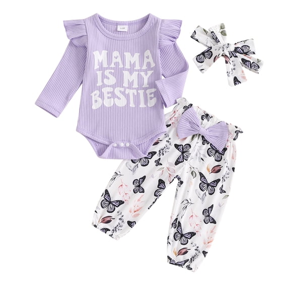 Aojekbee Baby Girls 3Pcs Fall Outfits Long Sleeve Romper Butterfly Print Pants Headband Set Newborn Clothes