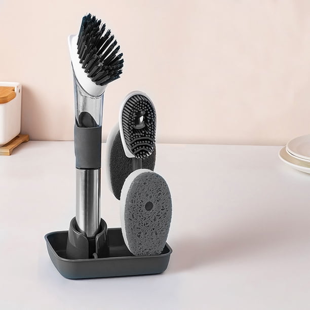 Teissuly Clearance Kitchen Can Add Dishwashing Liquid Long Handle Brush With 4 Brush Heads & Base, Sponge TPR Wood Pulp Cotton Does Hurt The Pot(Gray, One Size) Teissuly WER2023081406125