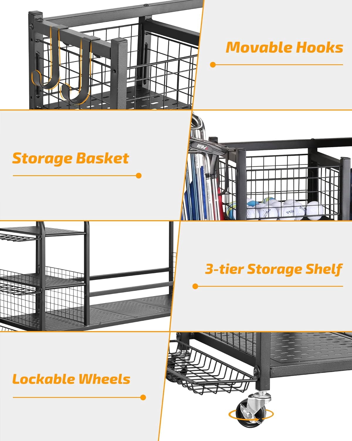 Golf Bag Storage Rack with Wheels, Large Golf Organizer for 3 Bags, Golf Club & Accessories Holder for Garage Basement