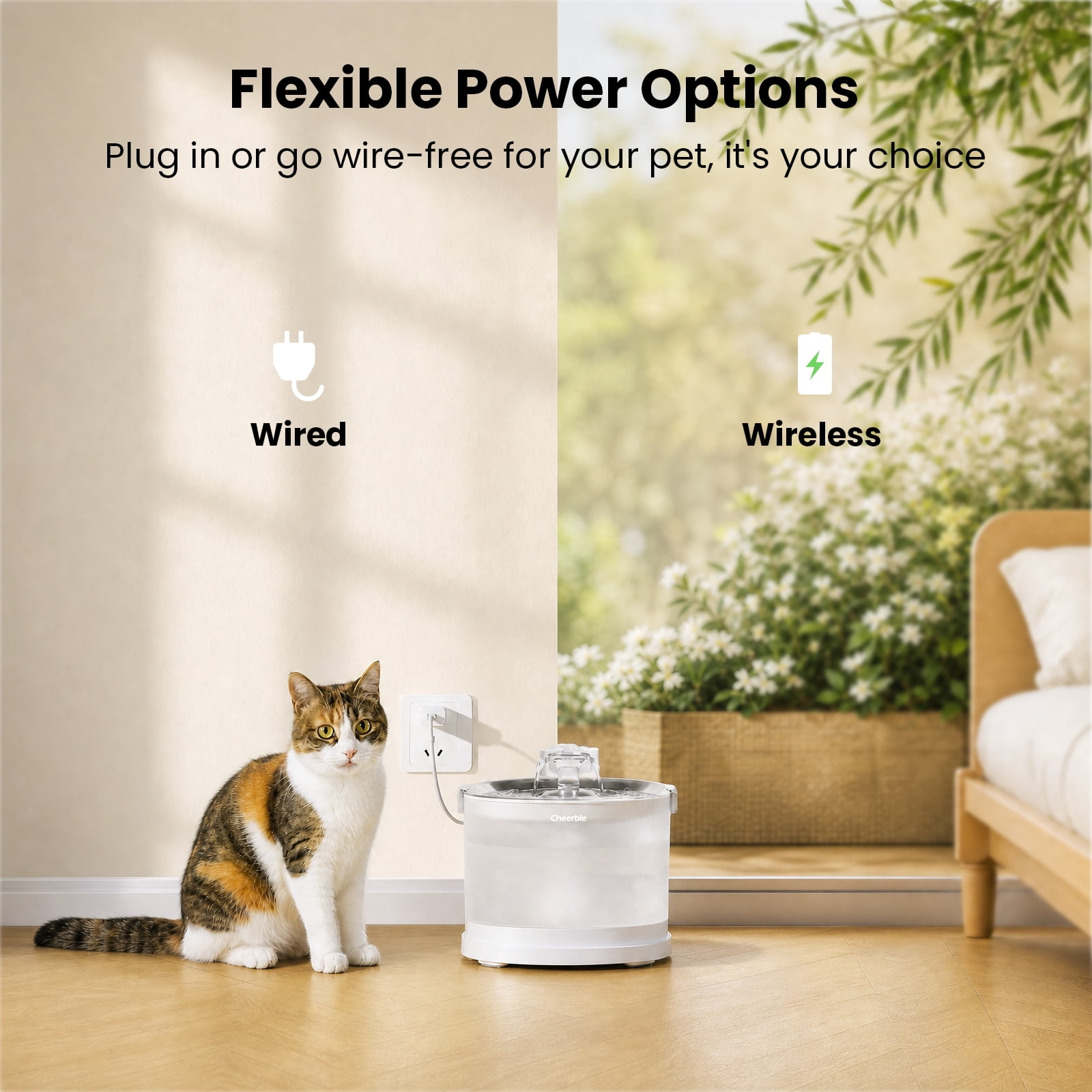 Cheerble Elfin E1+ 2 L Stainless Steel Wireless Pet Water Fountain with Multi-Layer Filter