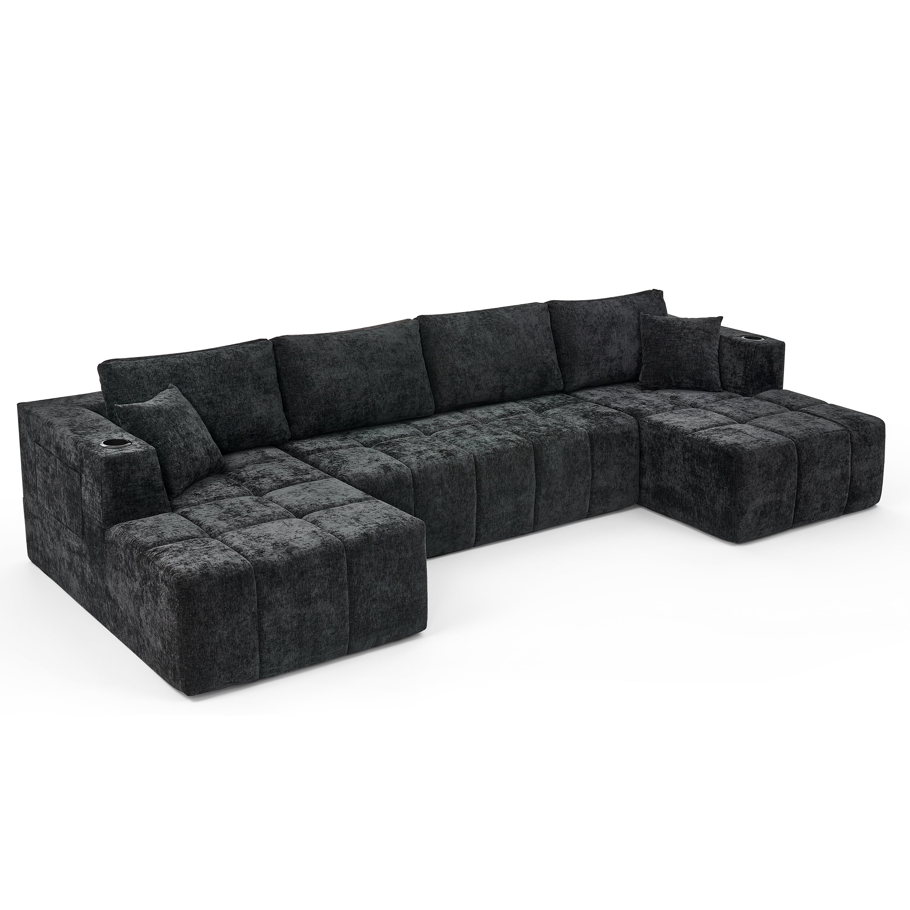 Howcool 132" U-Shaped Modular Cloud Couch, Oversized Deep Seat Chenille Sectional Sofa with Double Chaise, Boneless Comfy Couch with Cup Holders & Side Pockets, No Assembly Required, Black