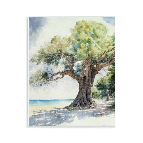 Stupell Industries Watercolor Tree on Shore Nautical & Beach Painting Unframed Art Print Wall Art, 11 x 14