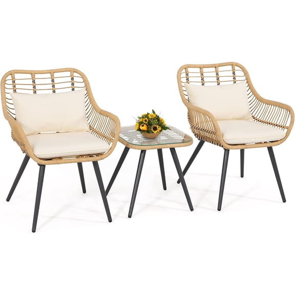 JOIVI 3-Piece Patio Set, Outdoor Wicker Conversation Bistro Sets for Porch, Backyard with Square Glass Top Coffee Table, White Cushions and Lumbar Pillows